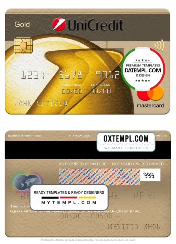 Romanian UniCredit Bank mastercard gold, fully editable example in PSD format