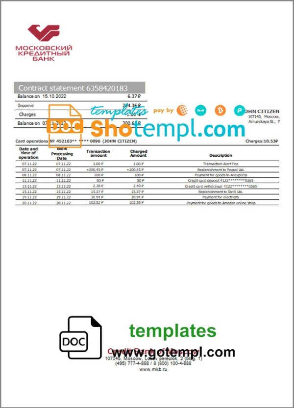 Russian Credit Bank of Moscow bank proof of address statement example in Word and PDF format