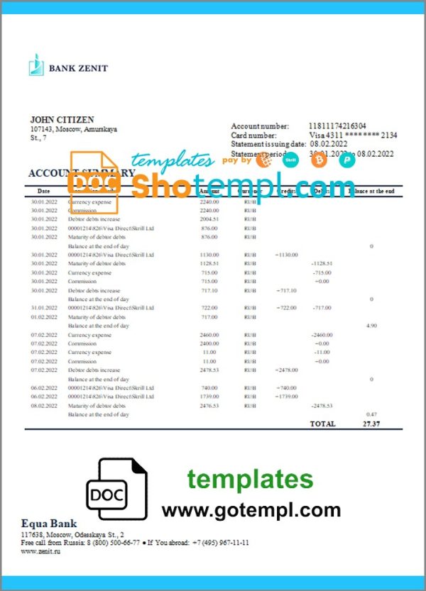 Russian Zenit Bank bank proof of address statement example in Word and PDF format