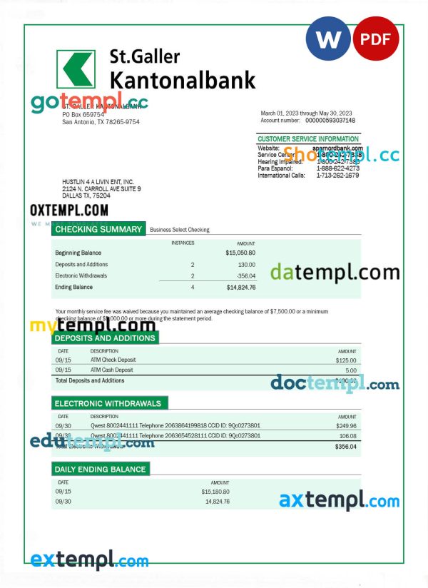 St. Galler Kantonalbank organization checking account statement Word and PDF template