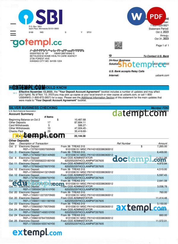 State Bank of India company account statement Word and PDF template