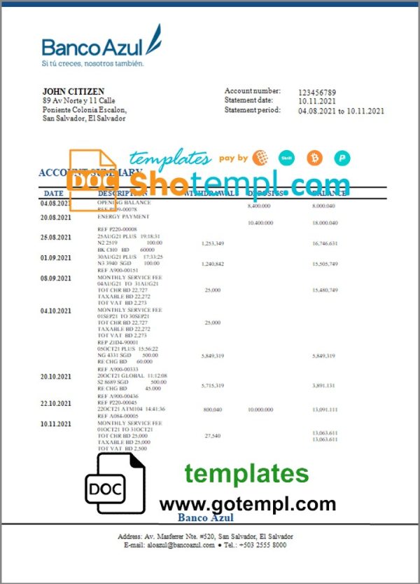 Salvador Banco Azul bank statement 3 - 6 months example in Word and PDF format