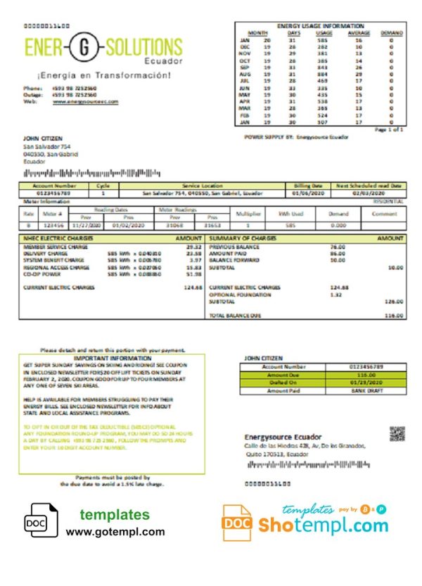 Ecuadorian Energysource Ecuadorian energy utility bill download example in Word and PDF format