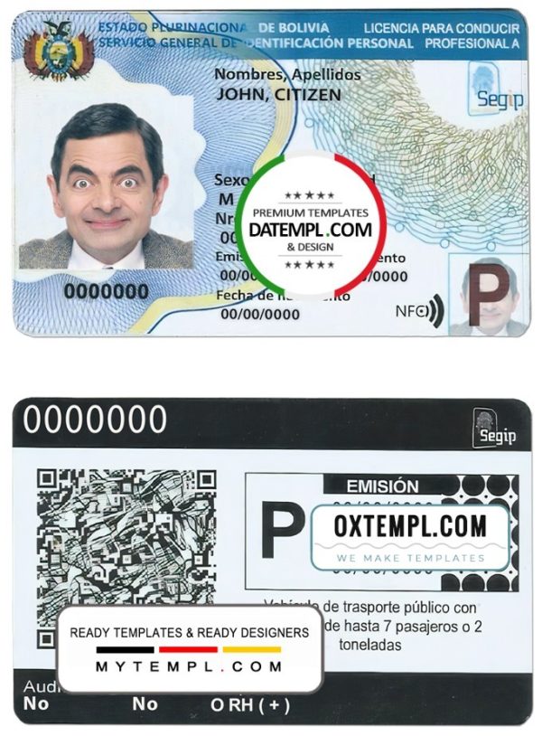 Bolivian driver license download example in PSD format, fully editable (2017 - present)