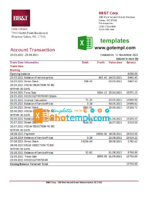 USA North Carolina BB&T Corp. bank statement 3 - 6 months example in Excel and PDF format