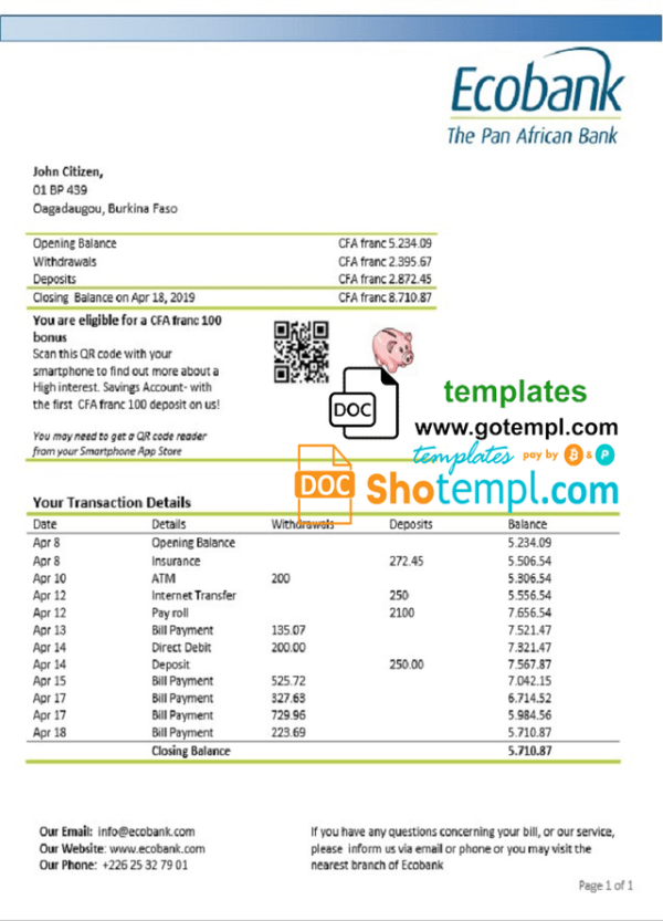 Burkinabé Ecobank proof of address bank statement 3 - 6 months example in Word and PDF format (.doc and .pdf)