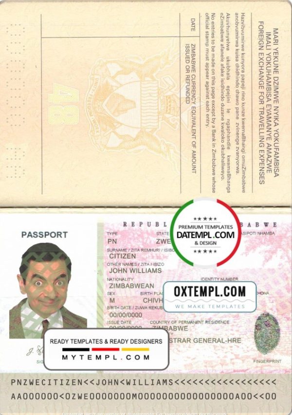 Zimbabwean passport example in PSD format, fully editable with all fonts