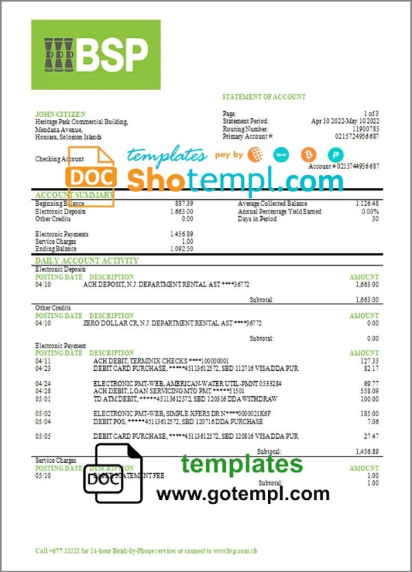 Solomon Islands BSP bank statement 3 - 6 months example in Word and PDF format