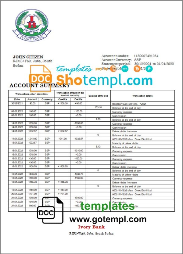 South Sudaneseese Ivory Bank bank statement 3 - 6 months example in Word and PDF format