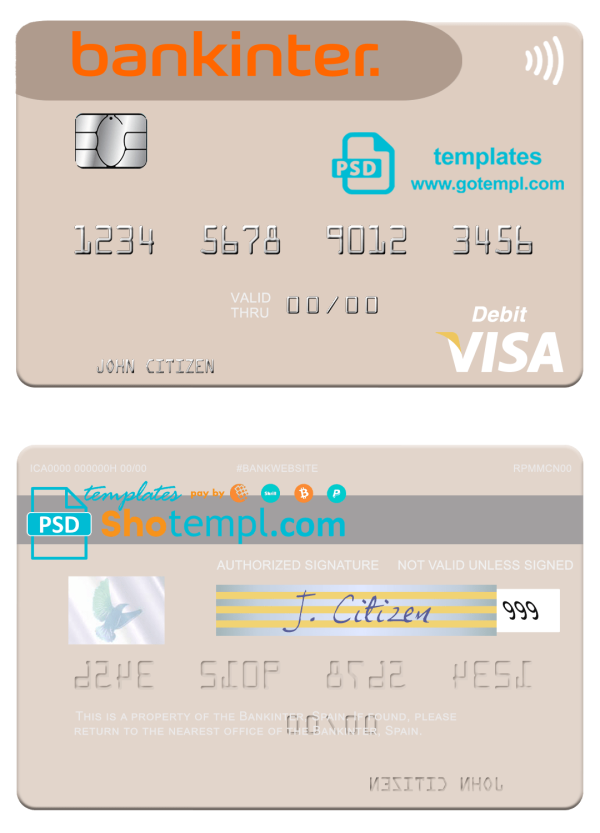 Spanish Bankinter visa debit card example in PSD format