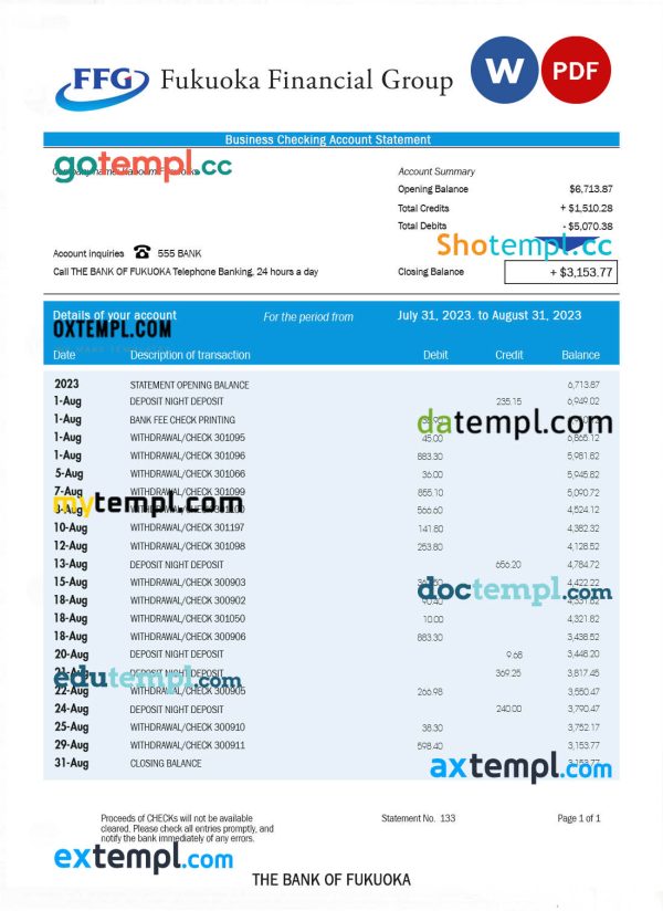 The Bank of Fukuoka firm account statement Word and PDF template