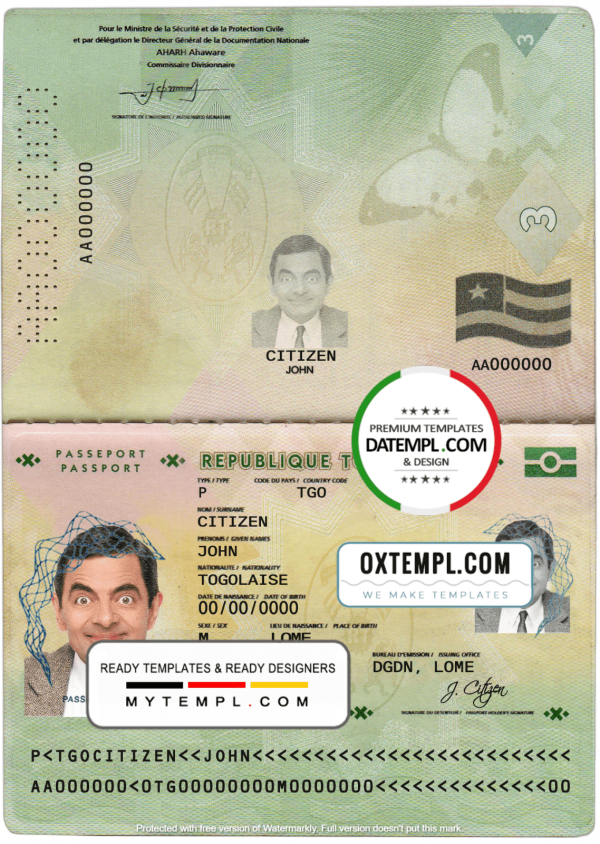 Togo passport example in PSD format