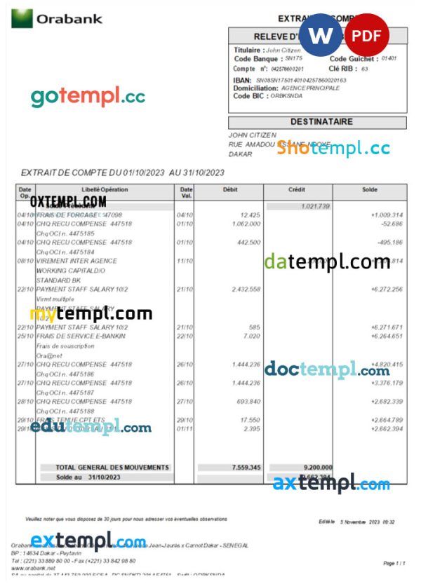 Togo Orabank statement 3 - 6 months Word and PDF example