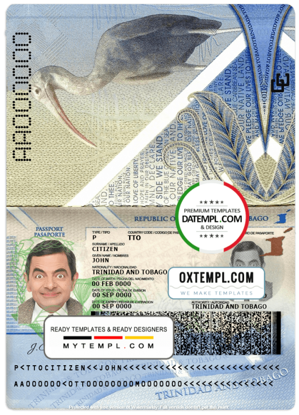 Trinidad and Tobago passport example in PSD format, with all fonts