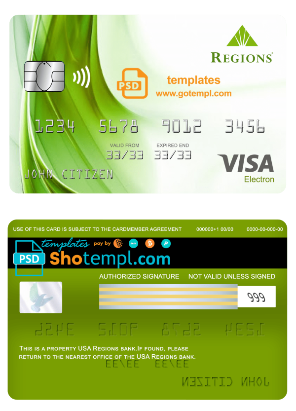 USA Regions bank visa electron card fully editable example in PSD format