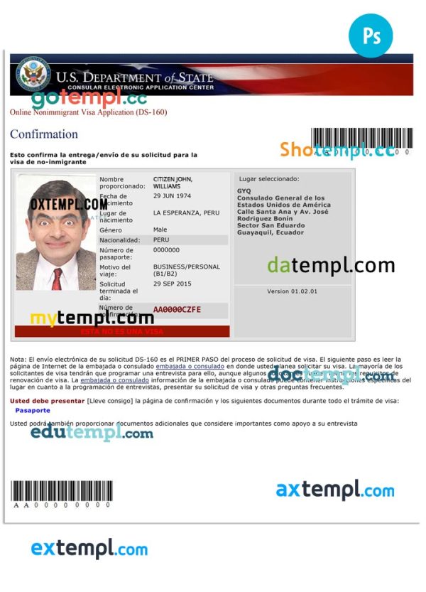 USA Nonimmigrant Visa Application DS 160 PSD Example With Fonts Mytempl
