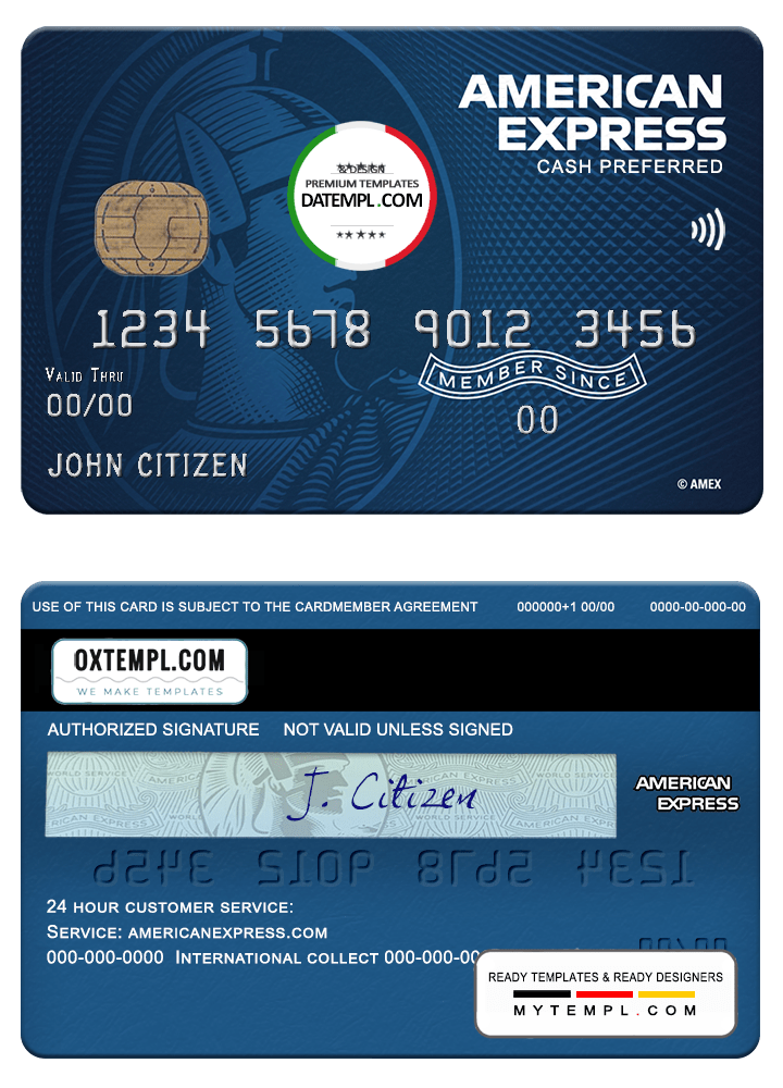USA North Carolina BB&T Corp. bank AMEX blue cash preferred card example in PSD format, fully editable