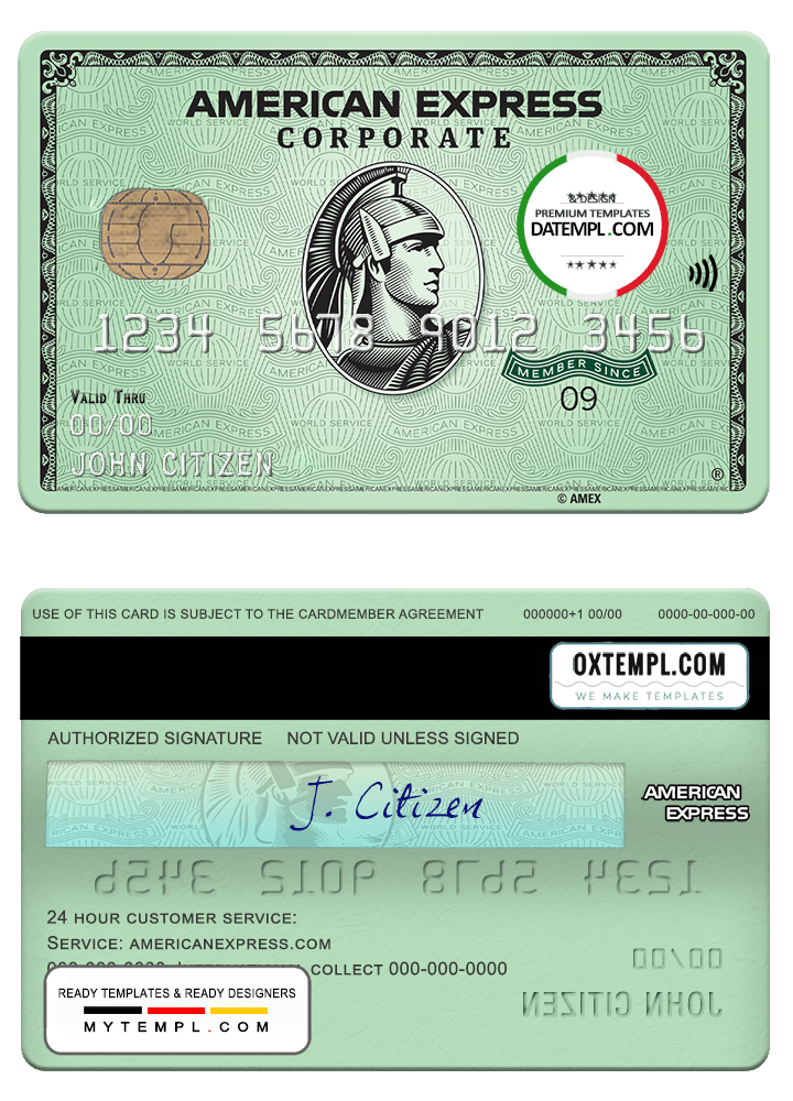 USA State Street Corporation bank AMEX green corporate card example in PSD format, fully editable