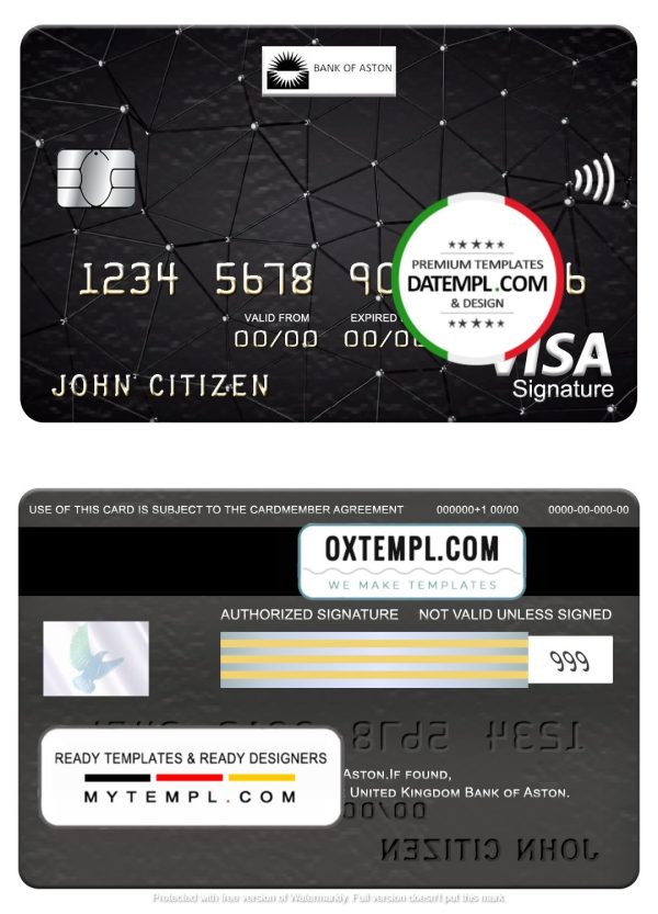 United Kingdom Bank of Aston bank visa signature card, fully editable example in PSD format