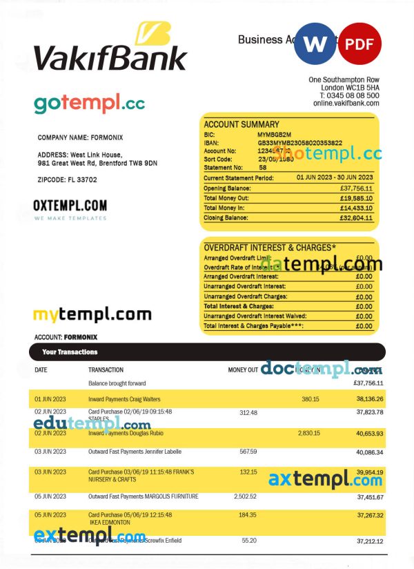 Vakifbank company account statement Word and PDF template