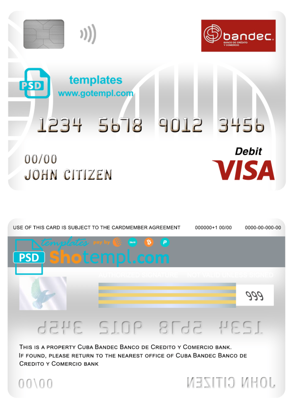 Cuban Bandec Banco de Credito y Comercio bank visa card debit card example in PSD format, fully editable