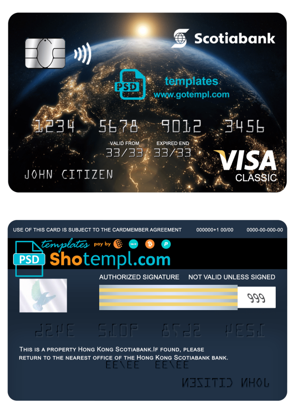 Hong Kong Scotiabank visa classic card, fully editable example in PSD format