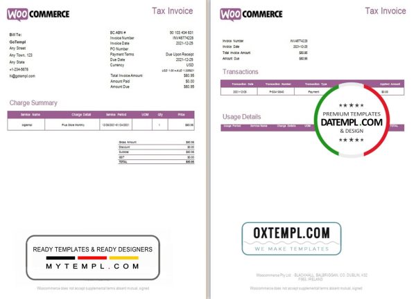 Irish WooCommerce tax invoice example in .doc and .pdf format, fully editable