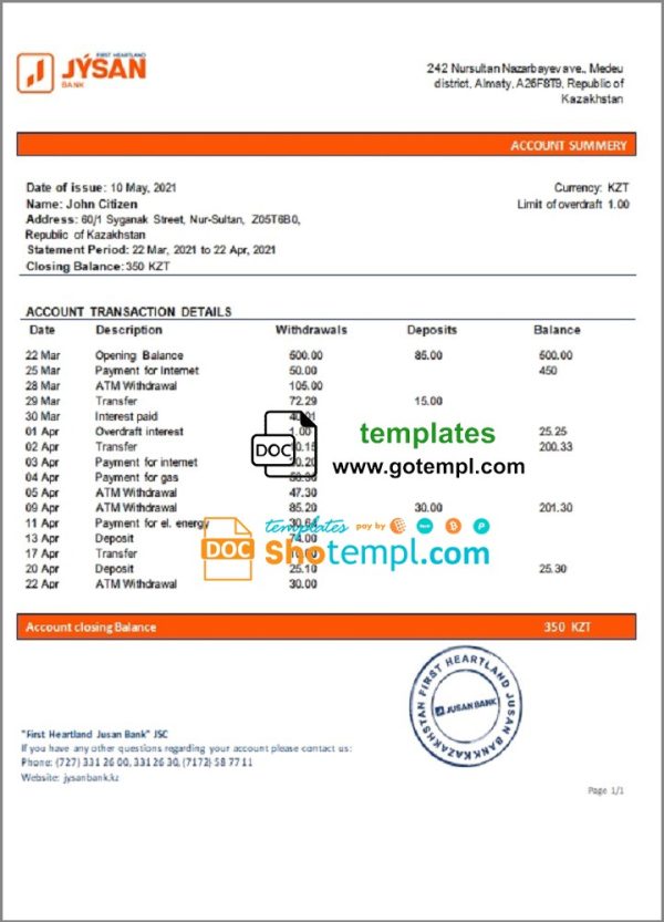 Kazakhstani First Heartland Jusan Bank statement example in Word and PDF format