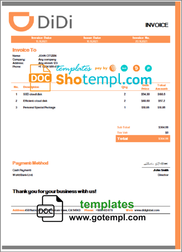 USA Didi Chuxing invoice example in Word and PDF format, fully editable