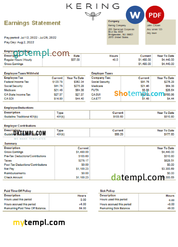 USA Kering luxury goods company pay stub Word and PDF example