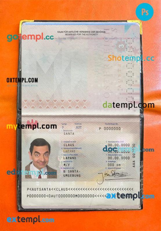 Austria passport PSD files, scan and photo look templates, 2 in 1 - Mytempl