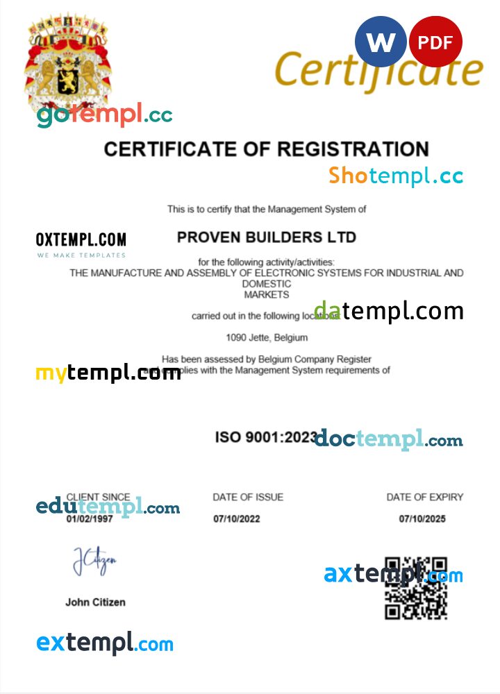 Belgium business registration certificate Word and PDF template - Mytempl
