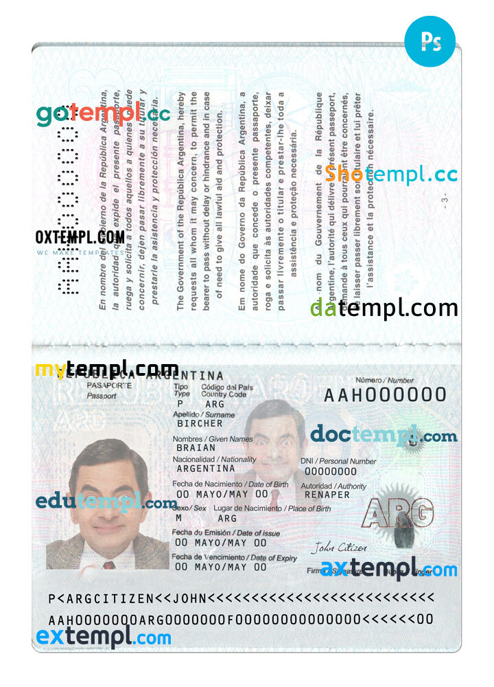 Argentina passport editable PSD files, 2 in 1, scan and photo look templates, 2022-present - Image 2