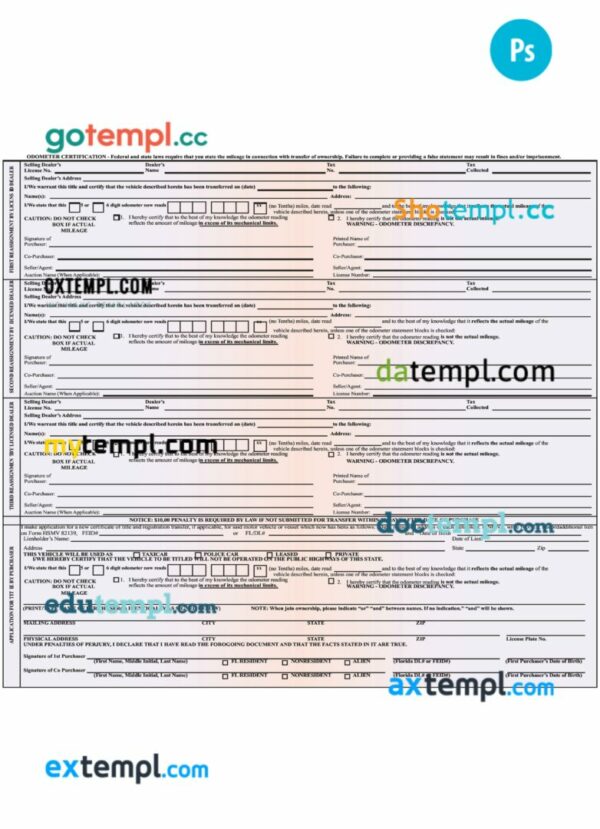 Florida certificate of title of a vehicle (car title) template in PSD format, fully editable, front and back - Image 2