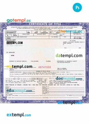 Florida certificate of title of a vehicle (car title) template in PSD format, fully editable, front and back