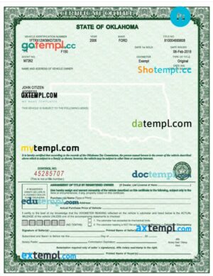 Oklahoma certificate of title of a vehicle (car title) template in PSD format, fully editable, front and back