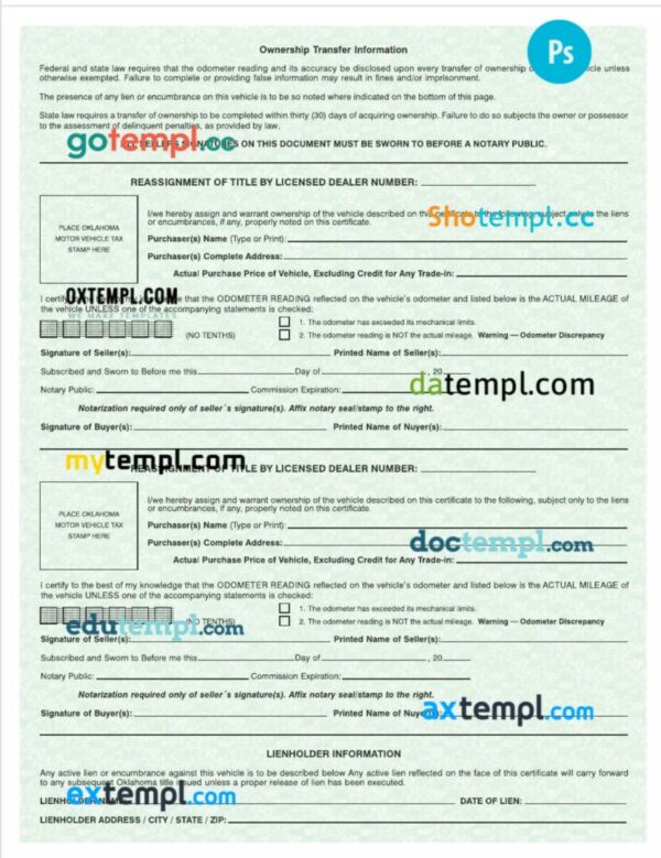 Oklahoma certificate of title of a vehicle (car title) template in PSD format, fully editable, front and back - Image 2