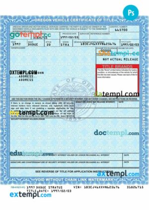 USA Oregon certificate of title of a vehicle (car title) template in PSD format, fully editable, front and back