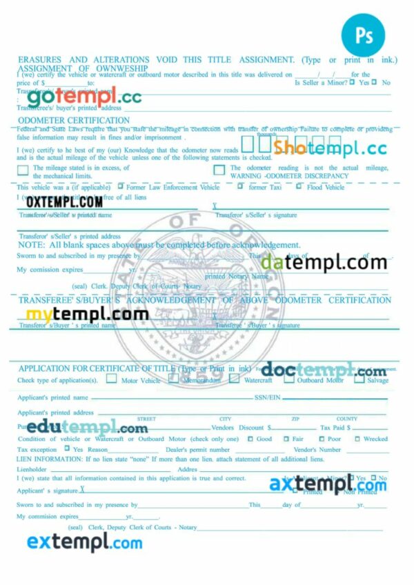 USA Oregon certificate of title of a vehicle (car title) template in PSD format, fully editable, front and back - Image 2