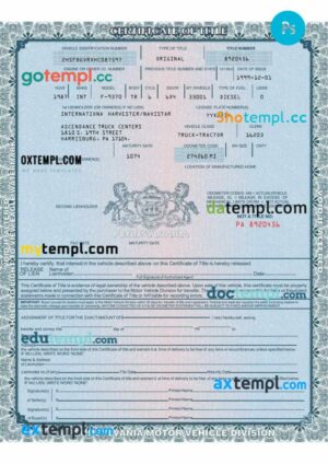 USA Pennsylvania certificate of title of a vehicle (car title) template in PSD format, fully editable, front and back