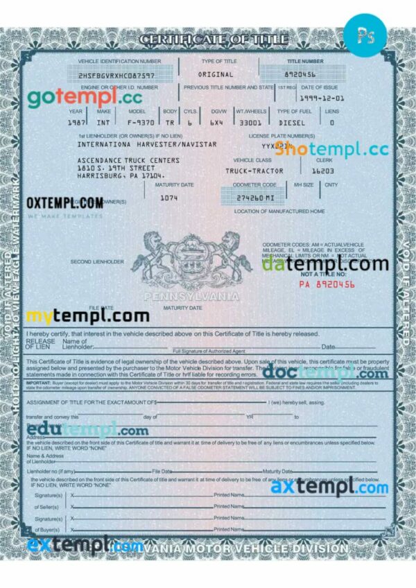 USA Pennsylvania certificate of title of a vehicle (car title) template in PSD format, fully editable, front and back