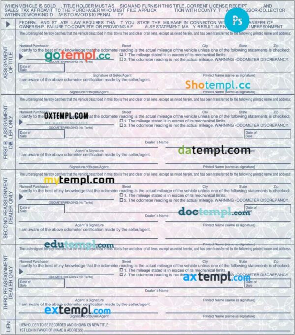 Texas certificate of title of a vehicle (car title) template in PSD format, fully editable, front and back - Image 2