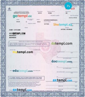 Texas certificate of title of a vehicle (car title) template in PSD format, fully editable, front and back