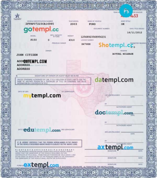 Texas certificate of title of a vehicle (car title) template in PSD format, fully editable, front and back