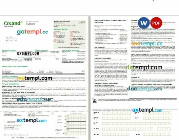 Andorra Creand Credit Andorra bank mortgage statement, editable template in PDF and Word