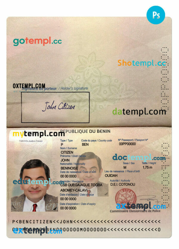 Benin passport PSD template, 2022-present