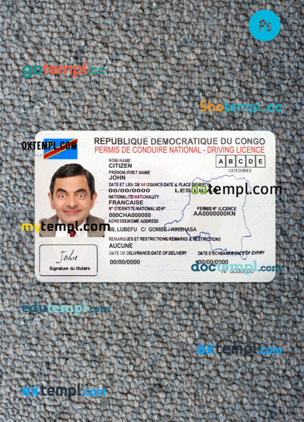 Congo national driving license editable PSD files, scan look and photo-realistic look, 2 in 1