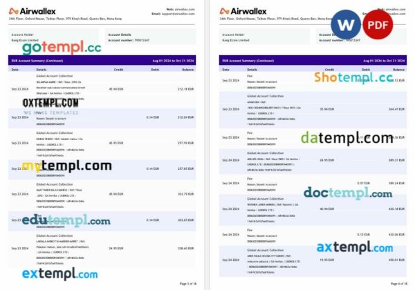 Hong Kong Airwallex Limited account statement Word and PDF template, 18 pages