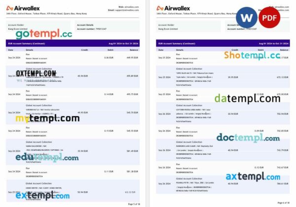 Hong Kong Airwallex Limited account statement Word and PDF template, 18 pages - Image 2