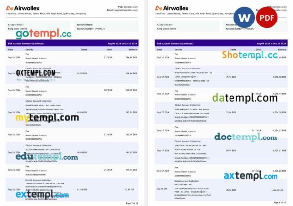 Hong Kong Airwallex Limited account statement Word and PDF template, 18 pages - Image 3